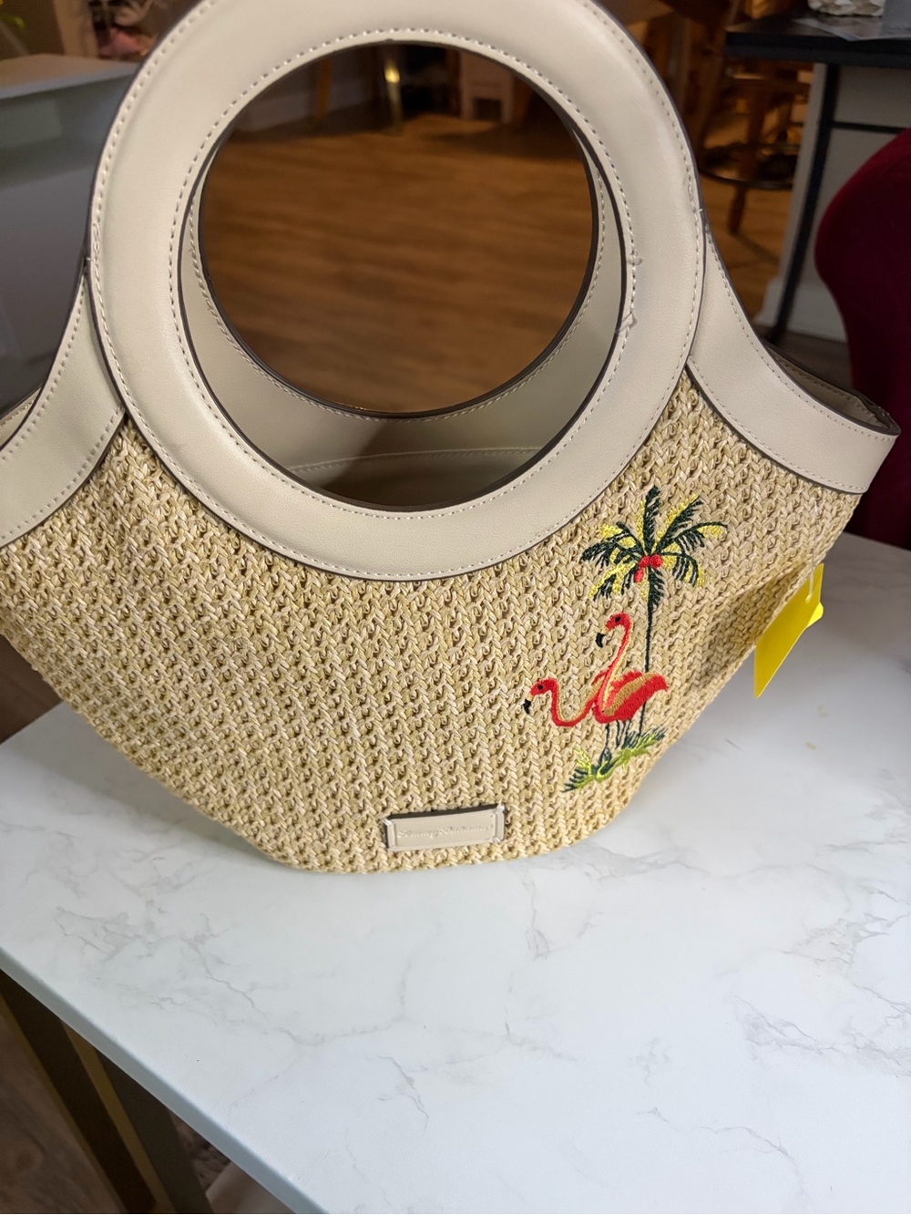 Tommy Bahama Neutral Straw Tote with Pink Flamingo Embroidery